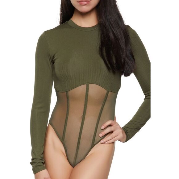 BRAND NEW LONG SLEEVES MESH INSERT HIGH NECK SOLID SHEER THONG SNAP BODYSUIT - Picture 1 of 15